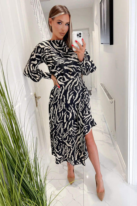 Black Animal Print High Low Skirt Midi Dress AX Paris