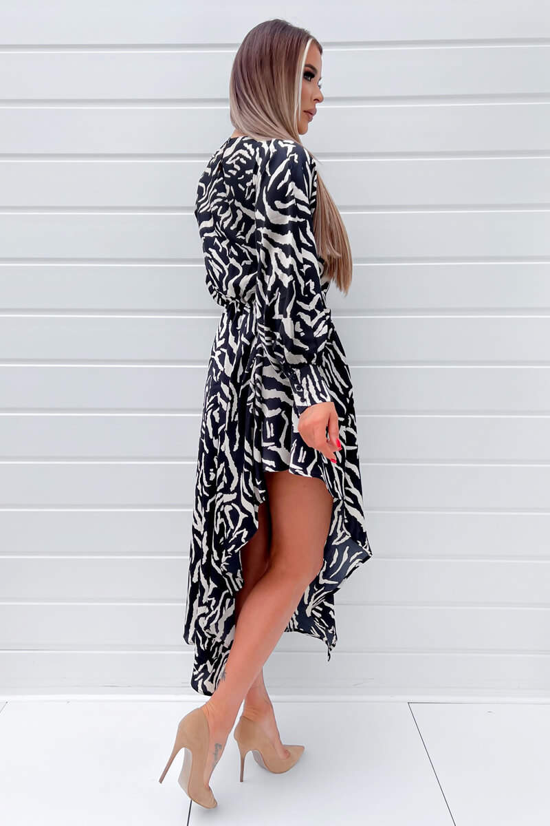 Black Animal Print High Low Skirt Midi Dress