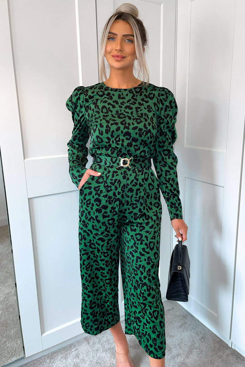 Green And Black Animal Print Long Sleeve Belted Jumpsuit