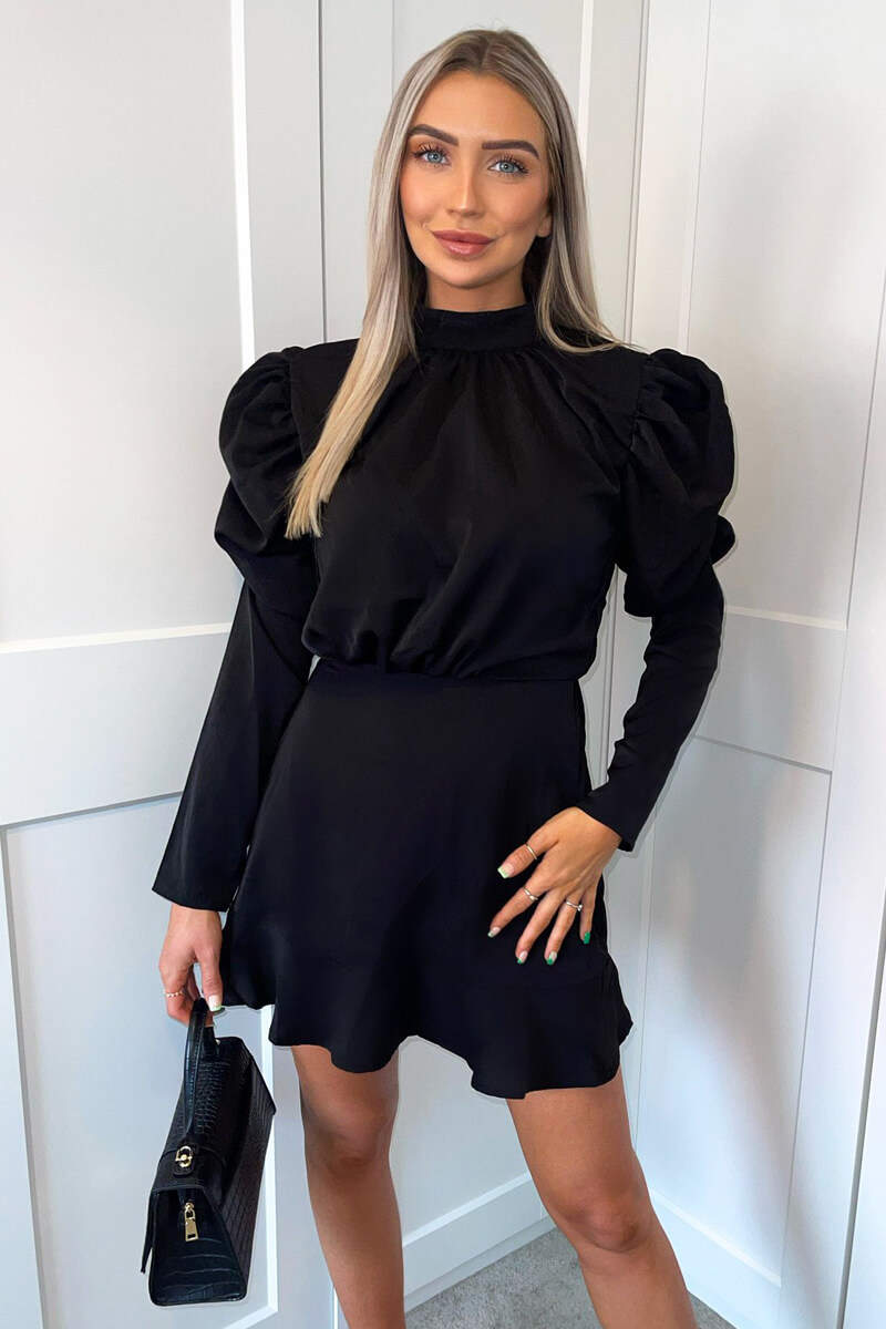 Black Puff Sleeve Skater Dress