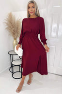 Wine Elasticated Waist Midi Dress With Split