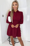 Wine Shirred Waist Long Sleeve Shirt Dress