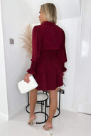 Wine Shirred Waist Long Sleeve Shirt Dress