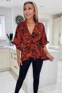 Red And Black Printed Frill Hem Wrap Top