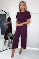 Plum Short Sleeve Belted Jumpsuit