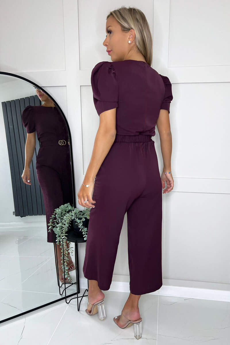 Plum Short Sleeve Belted Jumpsuit