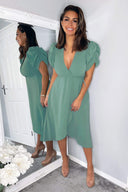 Duck Egg Wrap Over Tie Midi Dress