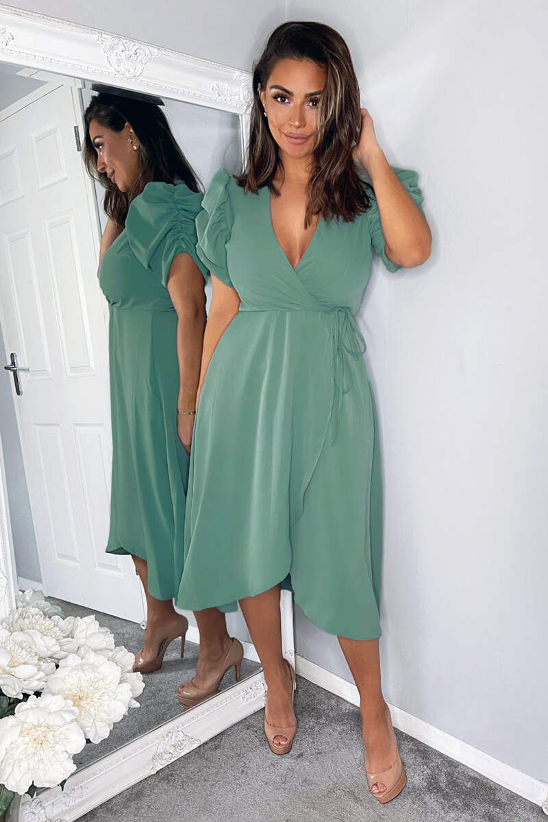 Duck Egg Wrap Over Tie Midi Dress