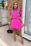 Hot Pink High Neck Puff Sleeve Skater Dress