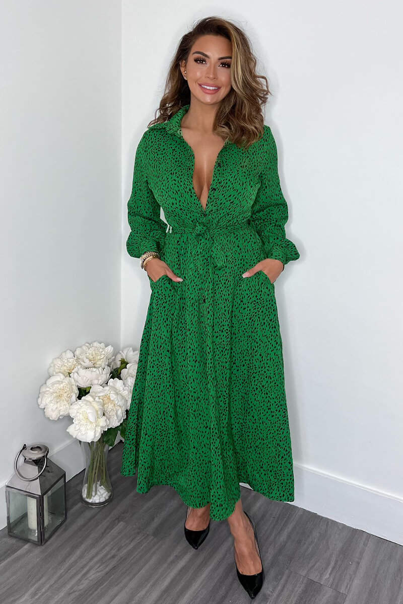 Green Printed Button Up Midi Shirt Dress