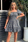 Navy Printed Puff Sleeve Shirred Mini Dress