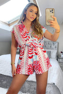 Red And Cream Printed Collared Playsuit