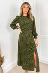 Khaki Animal Print Long Sleeve Ruffle Front Midi Dress