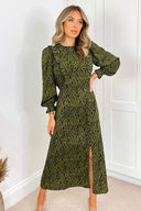 Khaki Animal Print Long Sleeve Ruffle Front Midi Dress