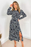 Black And Blue Printed Long Puff Sleeve Midi Dress