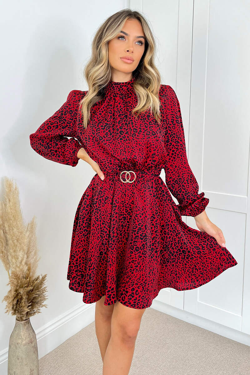 Red Leopard Print Gold Belted Skater Dress