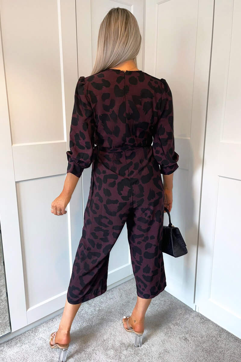 Plum And Black Printed Belted Long Sleeve Jumpsuit