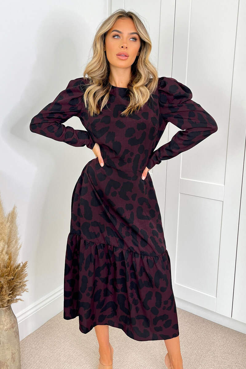 Plum And Black Animal Print Long Sleeve Midi Smock Dress