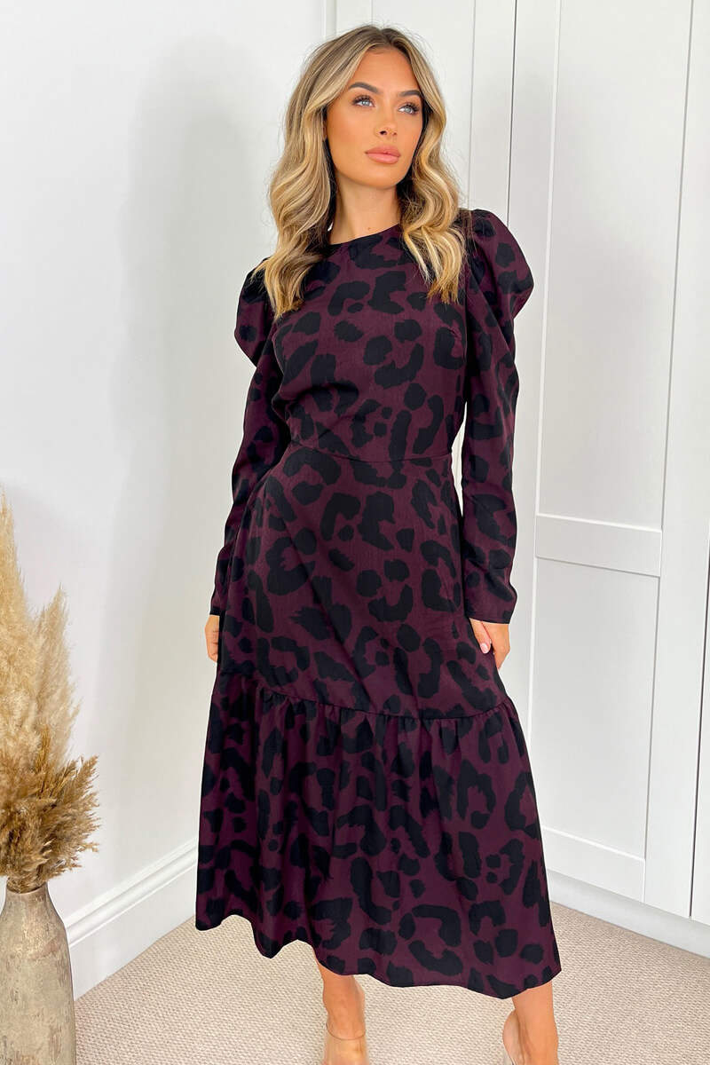 Plum And Black Animal Print Long Sleeve Midi Smock Dress