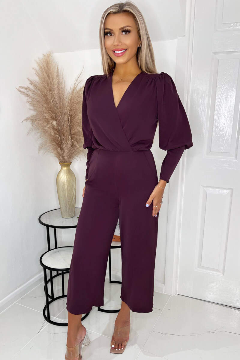 Plum Wrap Top Long Sleeve Culotte Jumpsuit