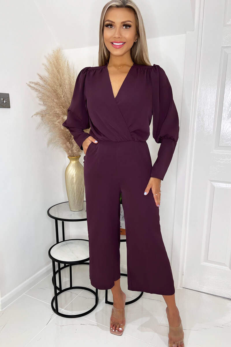 Plum Wrap Top Long Sleeve Culotte Jumpsuit