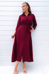 Wine Button Up Midi Shirt Dress