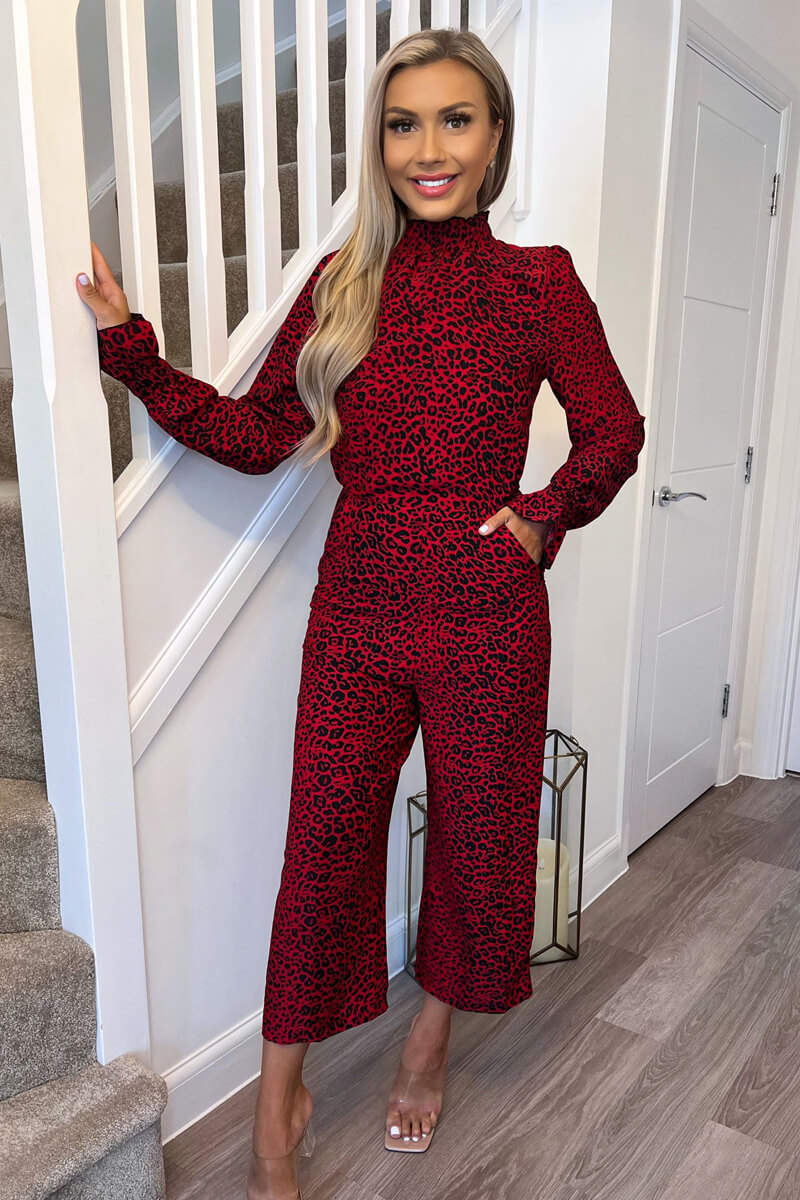 Red Animal Print Elasticated Neck Jumpsuit