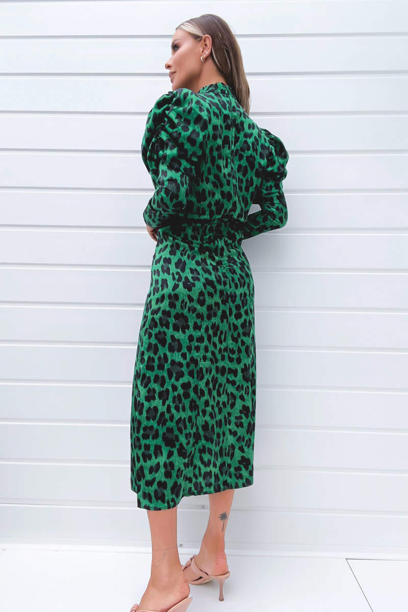 Green and Black Animal Print Puff Long Sleeve Midi Dress