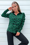 Green and Black Animal Print Ruched Sleeve Shirt