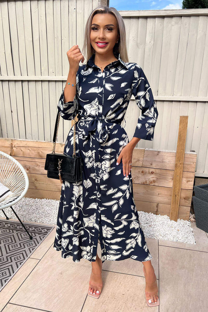 Navy And White Floral Printed Midi Shirt Dress AX Paris