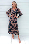 Brown And Navy Printed Long Sleeve Midi Dress