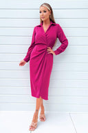 Magenta Long Sleeve Side Ruched Wrap Over Midi Dress