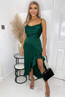 Green Satin Cowl Neck Frill Hem Midi Dress