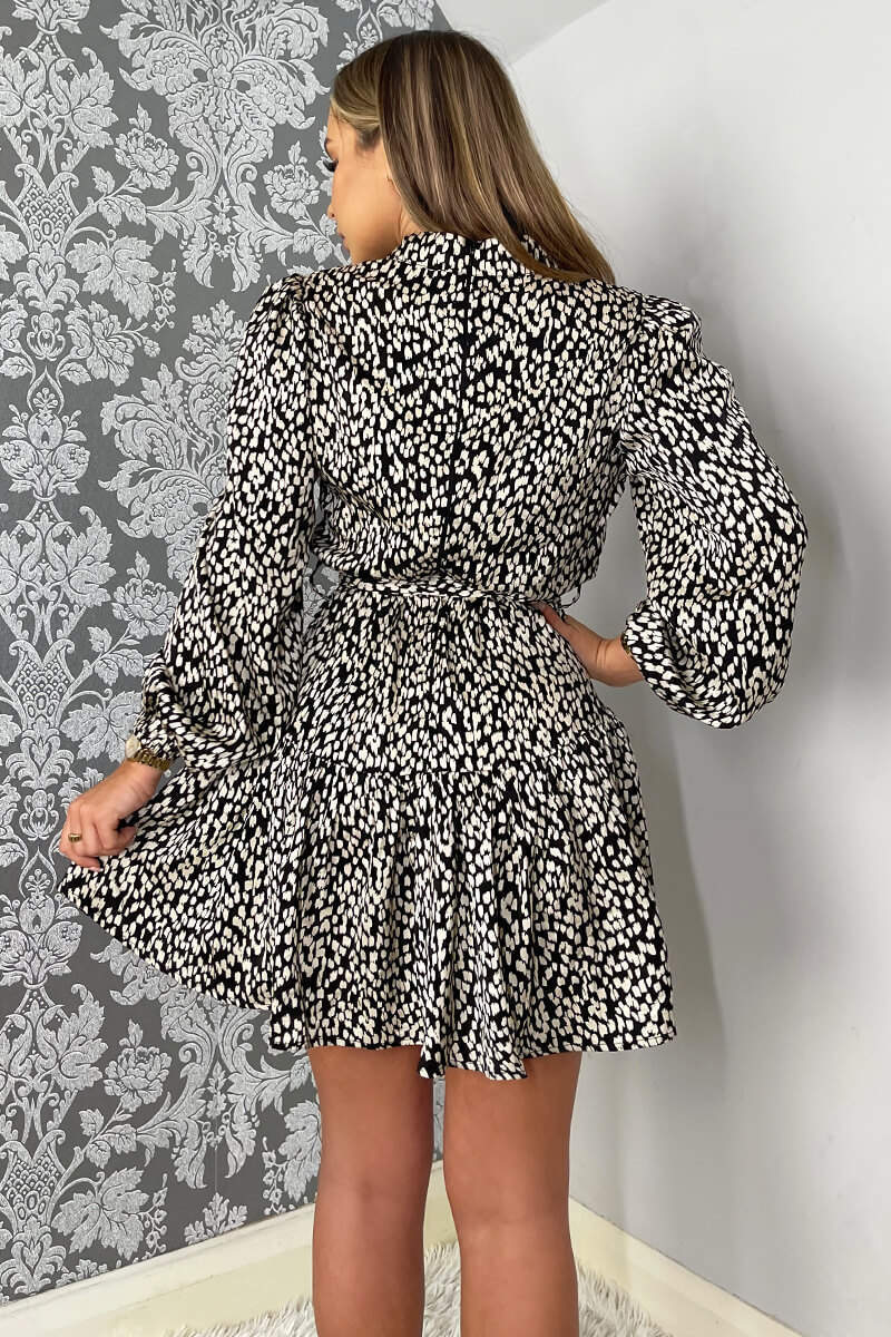 Black And White Printed High Neck Button Front Mini Dress