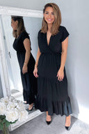 Black Short Sleeved V-Neck Midi Smock Dress