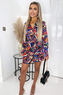 Multi Abstract Print Tie Wrap Long Sleeve Shirt Dress