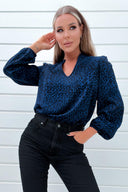 Blue Animal Print Long Sleeve Blouse