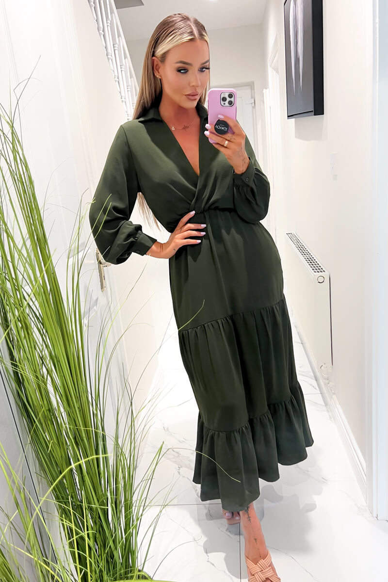 Olive Long Sleeve Wrap Top Smock Midi Dress