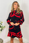 Black and Red Long Sleeve Printed Mini Dress