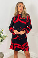 Black and Red Long Sleeve Printed Mini Dress