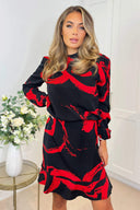 Black and Red Long Sleeve Printed Mini Dress