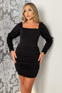 Black Shirred Sleeve Ruched Skirt Mini Bodycon Dress