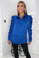 Blue And Black Printed Long Ruched Sleeve Shirt