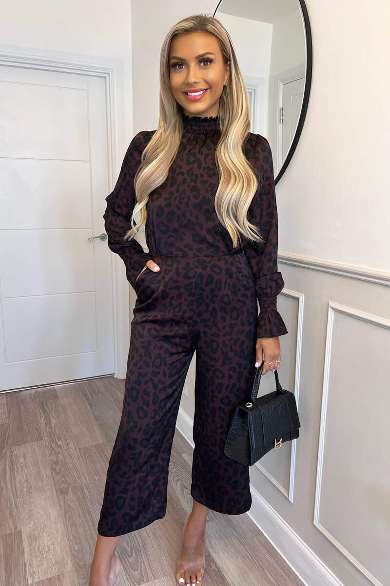 Plum Animal Print High Neck Long Sleeve Jumpsuit