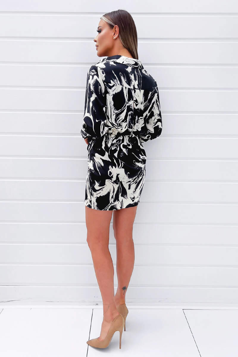 Black And Cream Marble Print Wrap Shirt Mini Dress