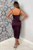 Plum Pleated Wrap Cowl Neck Satin Midi Dress