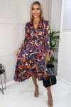 Multi Printed Long Sleeve Wrap Over Midi Dress