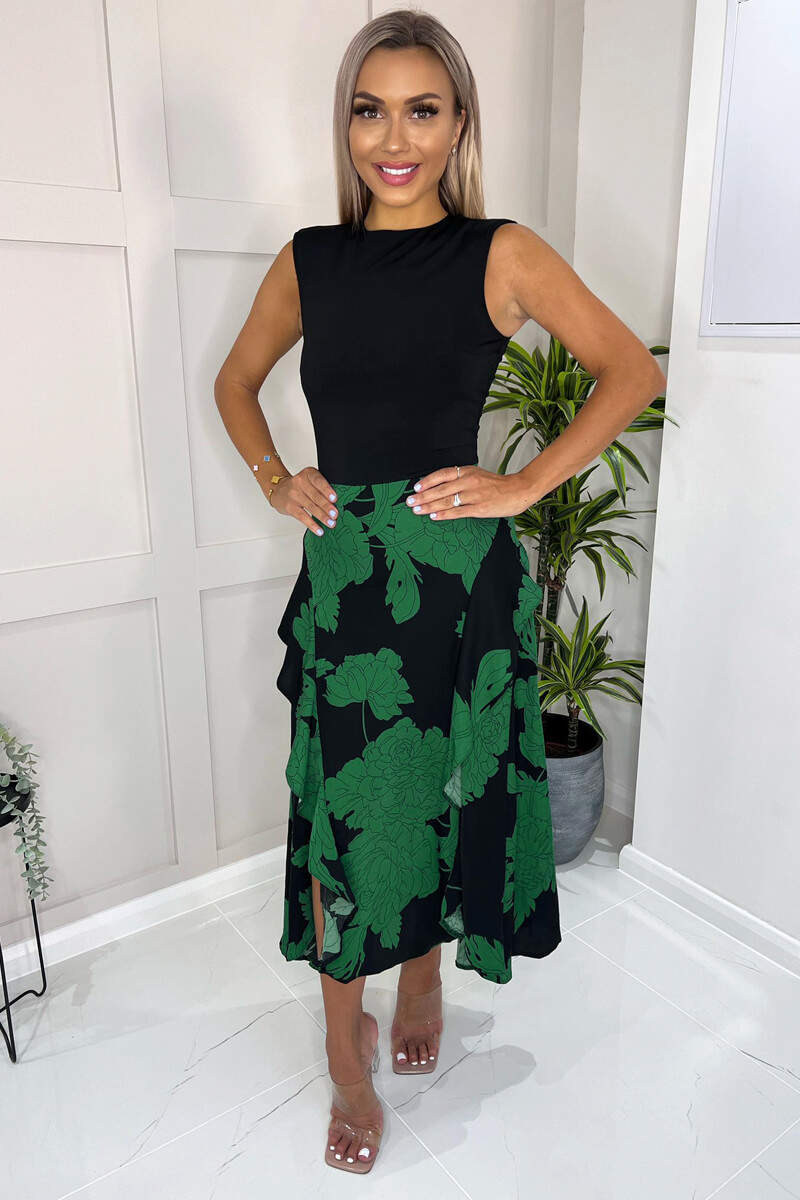 Green And Black Floral Print 2 in 1 Midi Dress AX Paris