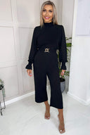 Black High Neck Long Sleeve Belted Jumpsuit