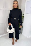 Black High Neck Long Sleeve Belted Jumpsuit